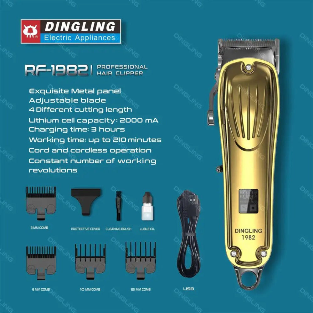 DINGLING 1982 Professional Cordless Hair Clipper – Golden Edition