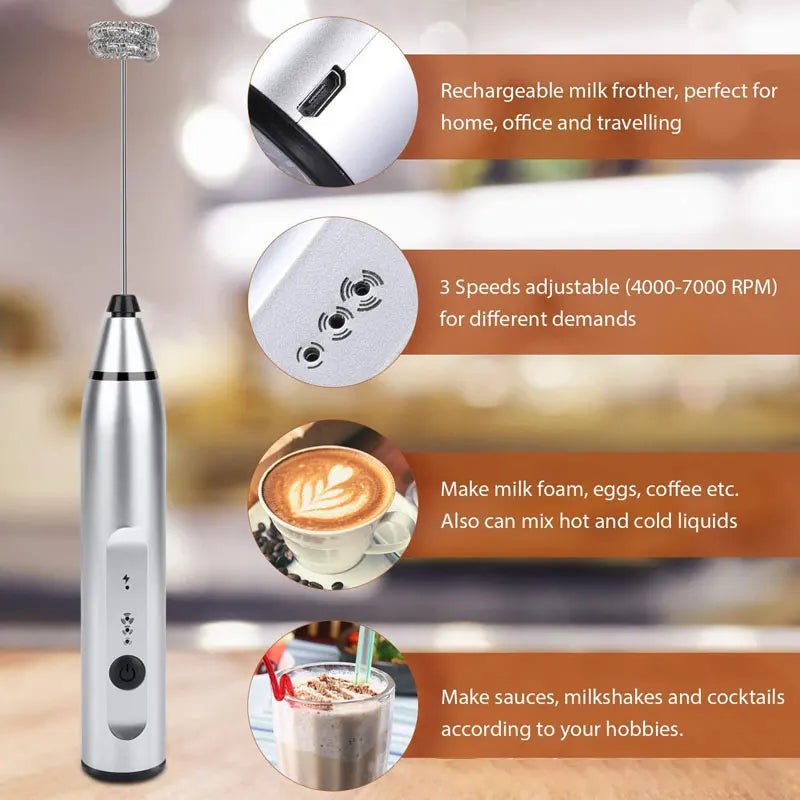 Rechargeable Coffee Beater - Electric Coffee Mixer Rechargeable Milk Shaker Maker - 2 in 1 Electric Egg Beater Coffee - USB Electric Blender