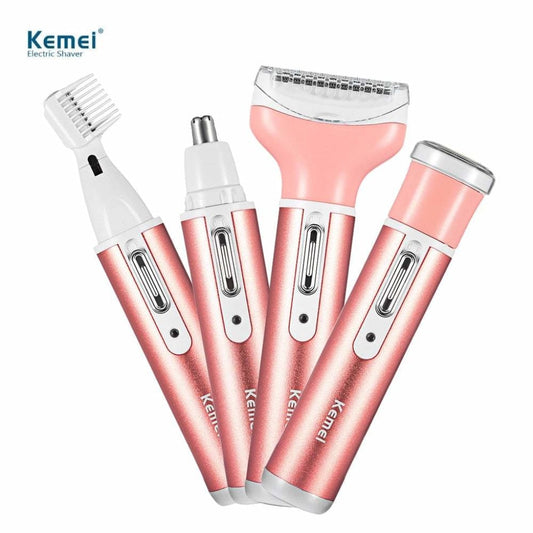 Kemei KM-6637, Lady Shaver, Women's Electric Trimmer, Rechargeable Shaver for Women, 4-in-1 Hair Removal, Facial Hair Remover, Eyebrow Trimmer, Nose Hair Trimmer, Body Groomer, Bikini Trimmer, Painless Shaver, Kemei Shaver, portable lady shaver, electric razor for women, hair removal kit