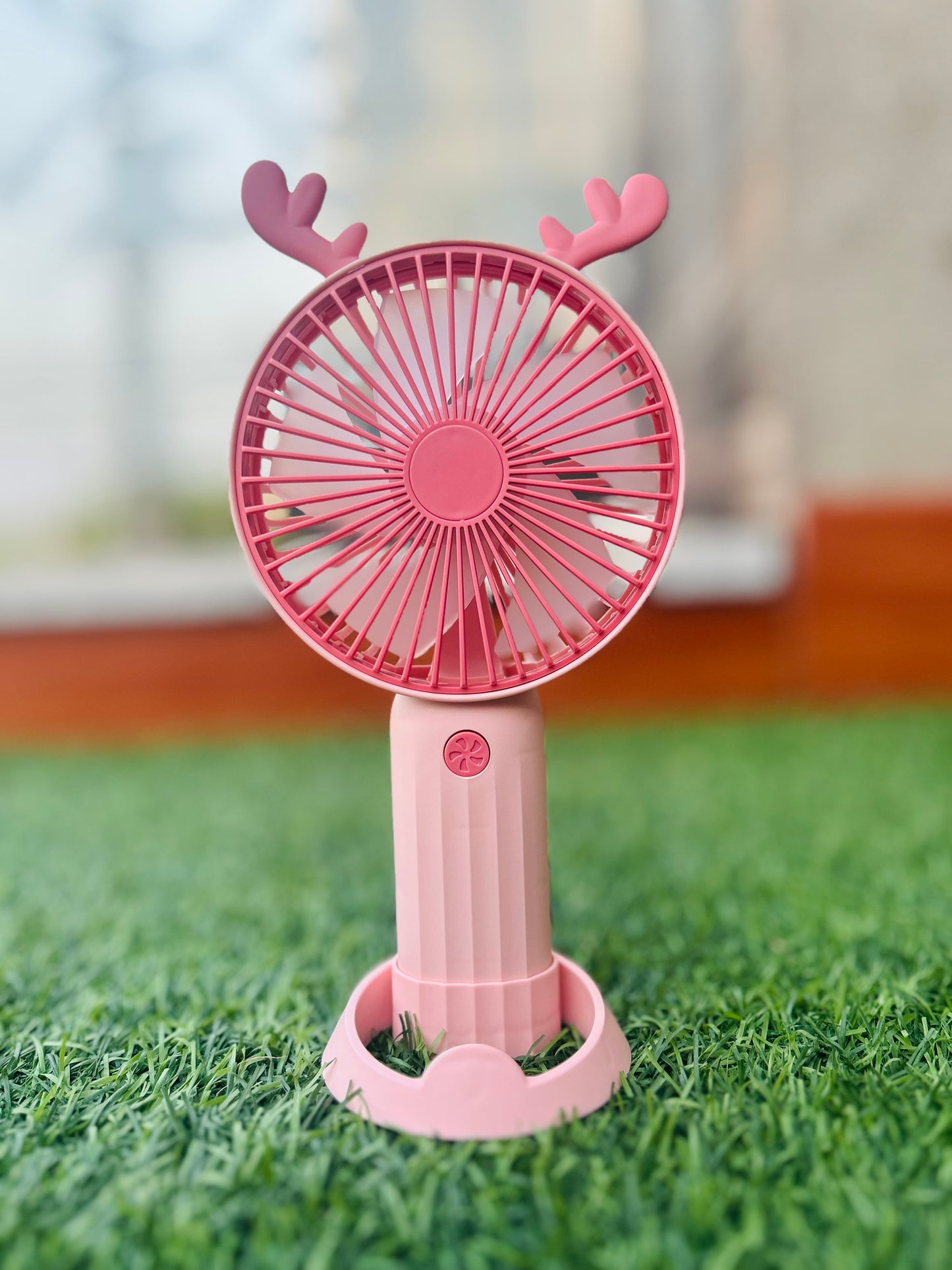 Whimsical Pink Reindeer Portable Handheld Fan - USB Rechargeable Antler Mini Desk Fan