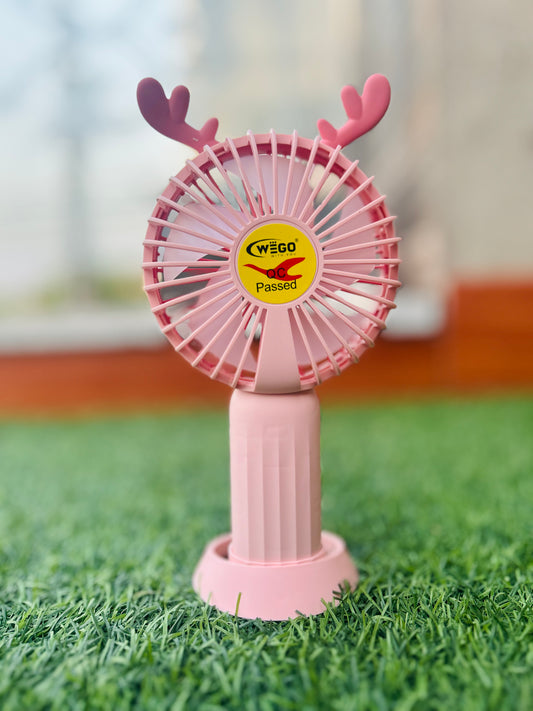 Whimsical Pink Reindeer Portable Handheld Fan - USB Rechargeable Antler Mini Desk Fan