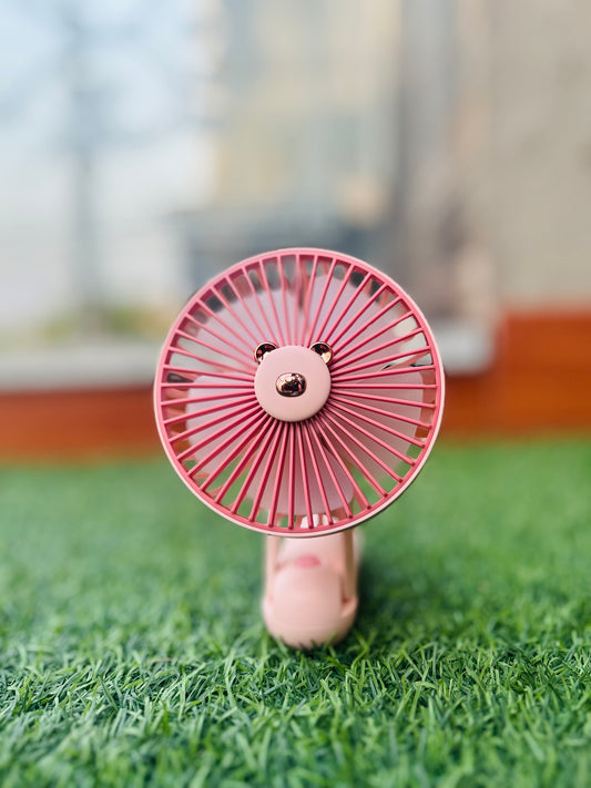 Adorable Pink Bear Portable Handheld Fan - USB Rechargeable Cute Mini Personal Cooler