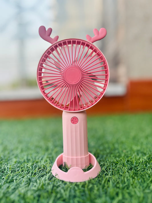 Whimsical Pink Reindeer Portable Handheld Fan - USB Rechargeable Antler Mini Desk Fan